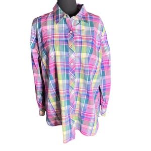 Talbots Plus 1X Button Down Shirt Multicolor Plaid Long Sleeve Cotton Womens
